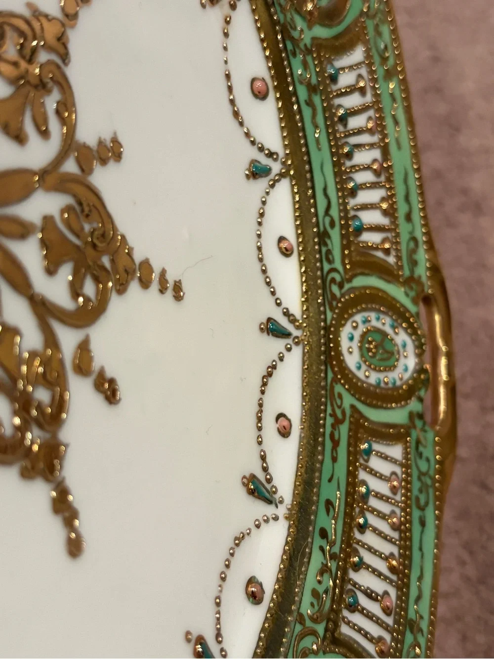 Antique Nippon Hand Painted Moriage Porcelain Handled Serving Plate Tray Dish